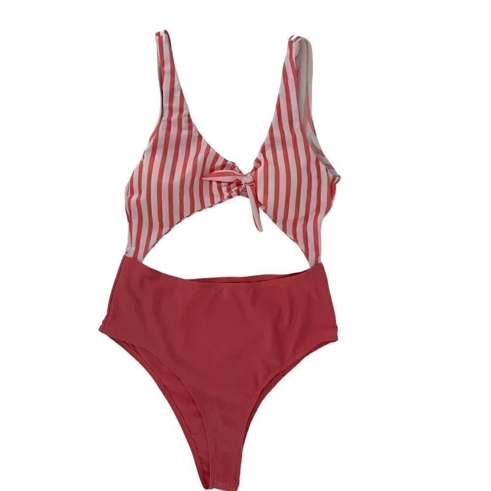 One Piece Swimsuit Cut Out Pink White Stripe V Neck Size M Preppy Swim Beach